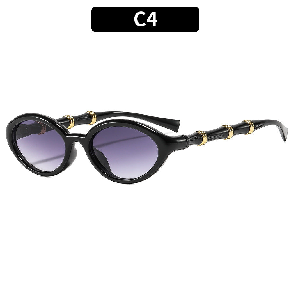 Retro Bamboo-Joint Temple Oval Sunglasses Women Men PC Frame UV400 Artistic Shades