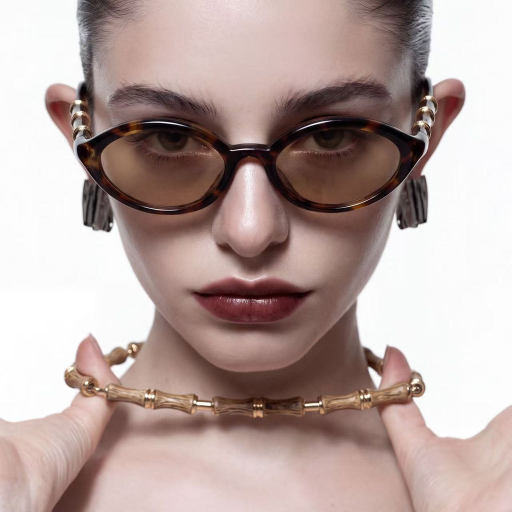Retro Bamboo-Joint Temple Oval Sunglasses Women Men PC Frame UV400 Artistic Shades