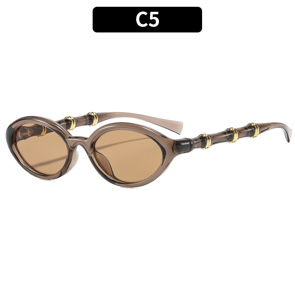 Retro Bamboo-Joint Temple Oval Sunglasses Women Men PC Frame UV400 Artistic Shades