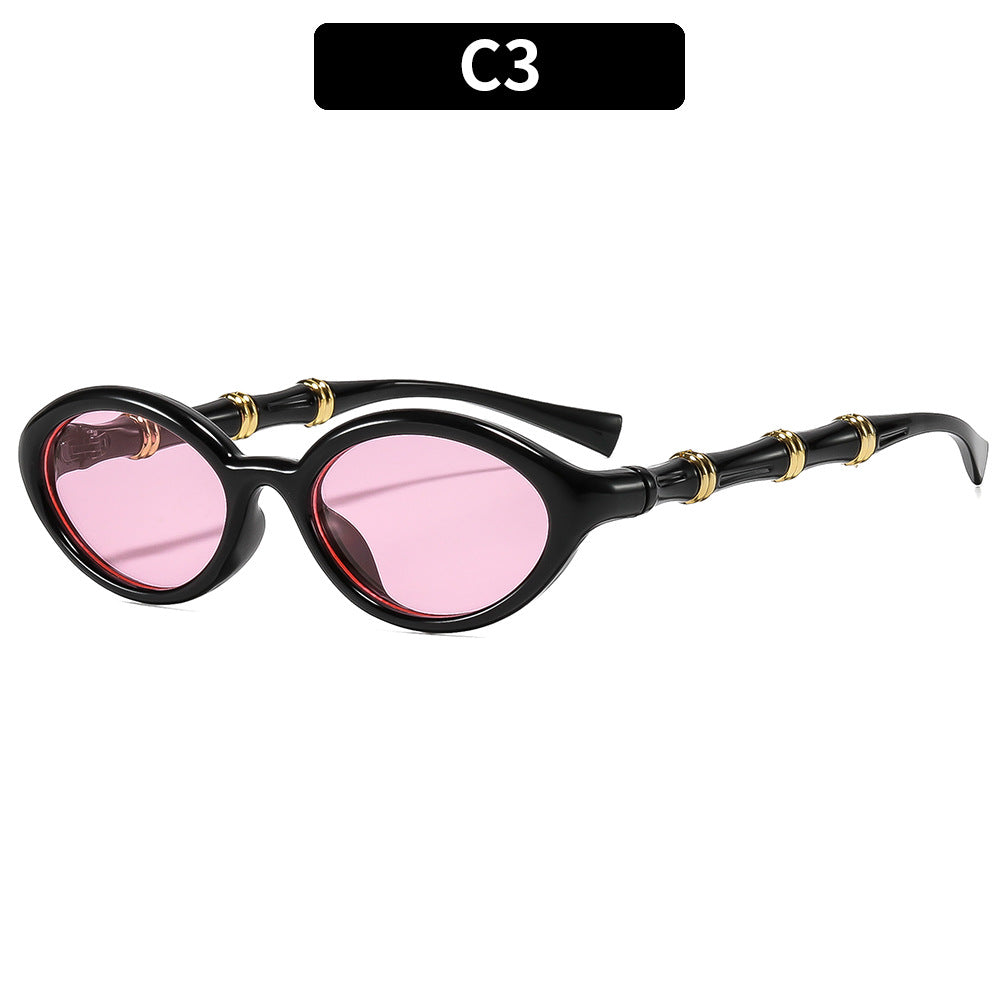 Retro Bamboo-Joint Temple Oval Sunglasses Women Men PC Frame UV400 Artistic Shades