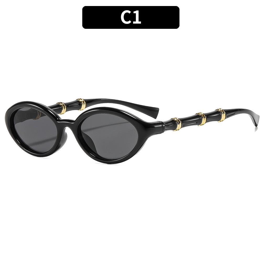 Retro Bamboo-Joint Temple Oval Sunglasses Women Men PC Frame UV400 Artistic Shades