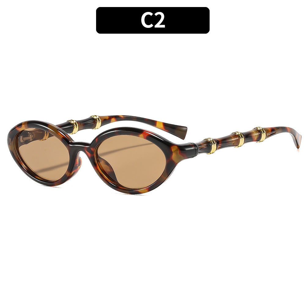 Retro Bamboo-Joint Temple Oval Sunglasses Women Men PC Frame UV400 Artistic Shades