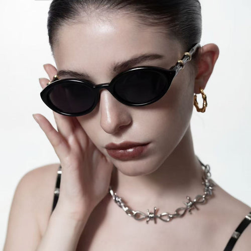 Retro Bamboo-Joint Temple Oval Sunglasses Women Men PC Frame UV400 Artistic Shades